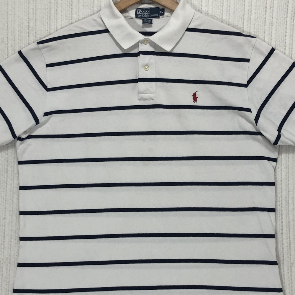Polo Ralph Lauren Mens XL White Navy Blue Striped Short Sleeve Pique Polo Shirt